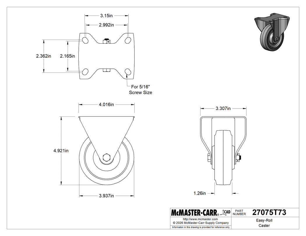 Technical Drawing of Easy-Roll Caster, Blue Rubber Wheel, Rigid, 4" Diameter Wheel.